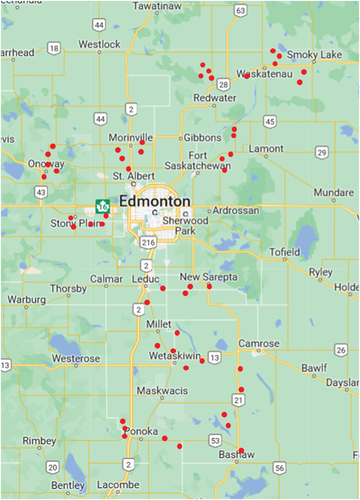 Fig. 1 Locations surveyed for canola diseases (red circles) across north-central Alberta in 2023.