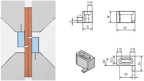 Figure B2. Left: tensile shear setup schematic in the universal test machine: specimen in brown, parallel clamping system in gray, metal guides in blue. Right: Drawing of the metal guides.
