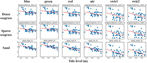 Figure 8. Logarithms of reflectance of the blue, green, red, near infrared, short-wave infrared 1 and short-wave infrared 2 of Dense seagrass, Sparse seagrass, and Sand at different tide levels. Red lines show the regression slope of a Theil Sen Robust regression.