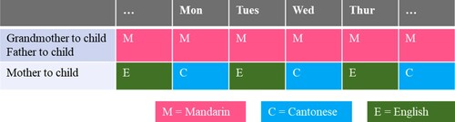 Figure 1. Leo’s unique trilingual input model from 1;1, integrating ‘one parent-one language’ and ‘one day-one language’ practices.