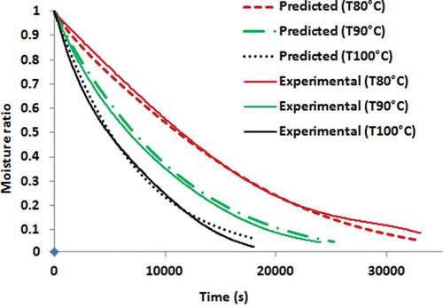 Figure 4. The experimental and predicted drying kinetics of banana.