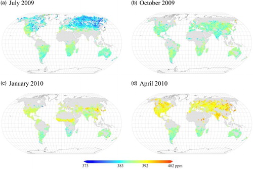 Figure 1. Example of the spatial distribution and variation of the used ACOS-GOSAT XCO2 retrievals for four months of (a) July 2009, (b) October 2009, (c) January 2010 and (d) April 2010 over global land.