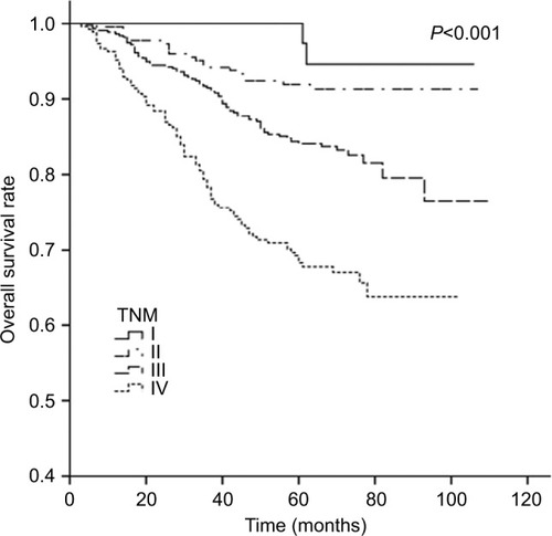 Figure 5 Cumulative survival curves according to AJCC TNM-staging (seventh edition, 2010).Citation23Abbreviation: AJCC, American Joint Committee on Cancer.