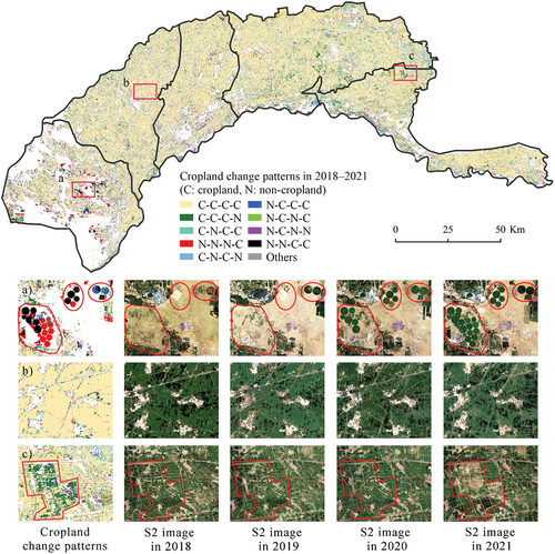 Figure 9. Distributions of cropland change patterns in HID and their transformations during the peak growing season using sentinel-2 imagery over three typical regions (a, b, c) from 2018 to 2021. The status of cropland (represented by C) and non-cropland (denoted by N) areas during the four years (2018–2021) is shown with different combinations. For example, the combination of C-C-C-N represents that the pixel is cropland in 2018, 2019, and 2020, while non-cropland in 2021. The white areas represent non-cropland during all the four years.