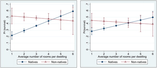 Figure 3. Adjusted prediction of survival by cohort, native/non-native background, and average number of rooms per dwelling (census tracts) with 95% confidence intervals. Left graph: the 1995 cohort. Right graph: the 2005 cohort. Based on a logit model with all control variables (Table 2).