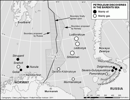 Figure 1.  Map of the previously disputed area and petroleum discoveries in the Barents Sea. On the Russian side, Shtokman, Ludlovskoe and Ledovoe are all giant gas fields in terms of resources. The actual commercial potential in the latter two remains uncertain however, due to limited exploration. Other discovered gas fields, i.e. Severo-Kildinskoye, Murmanskoye are small and complicated and have so far been considered uneconomical to develop. One relatively small oil field in the Pechora Sea, Prirazlomnoye, is expected to start producing in 2012 and other fields in that area may be later connected to its infrastructure. On the Norwegian side the gas field Snøhvit has been producing since 2007 and the development of the oil field Goliat is underway. Nucula and Skrugard are the other promising oil discoveries.