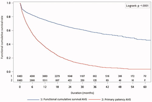 Figure 1. Functional cumulative survival and primary patency of arteriovenous grafts.