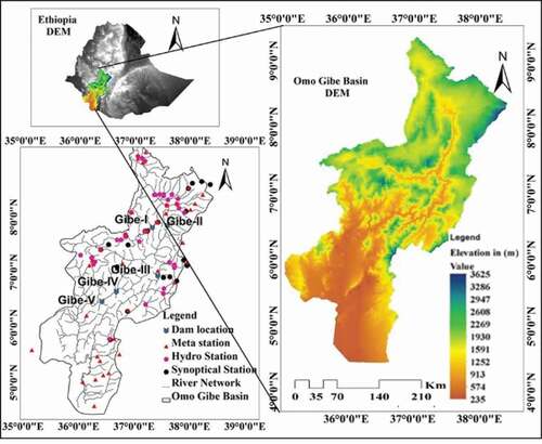 Figure 1. DEM and location map of the hydro-climatological stations of the Omo-Gibe basin. Gibe I = 184 MW, Gibe II = 420 MW, Gibe III = 1870 MW, Gibe IV = 1472 MW under construction, Gibe V = 560 MW proposed