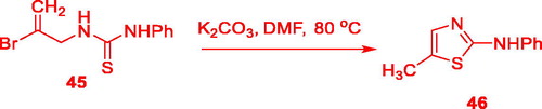 Scheme 16. Intramolecular cylization of N-(2-bromoprop-2-enyl)thioamides 45.