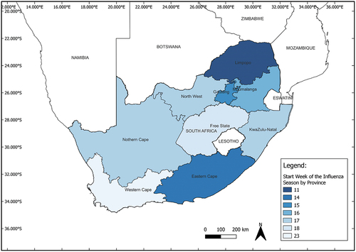 Figure 2. Map of South African provinces and the average start week of the influenza season between 2008–2019 (data from Motlogeloa et al., Citation2023).
