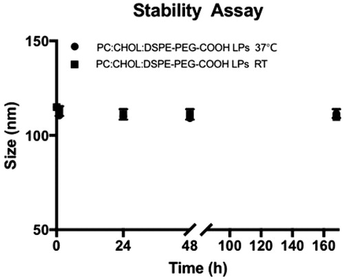 Figure 4. Stability assay of PEG-functionalized nanoliposomes. The integrity of PEG-functionalized liposomes at room temperature and 37 °C was monitored by DLS after 1, 24, 48 and 168 h.