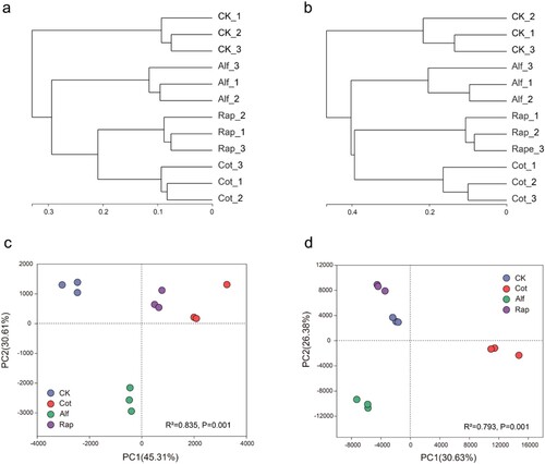 Figure 2. Hierarchical clustering analysis (a, bacteria; b, fungi) and PCA analysis (c, bacteria; d, fungi) of bacterial phyla and fungal phyla at the OTU level.