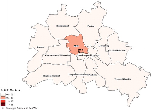 Figure 3 Geotagged article density in English edition (N = 974). Note: Local population data from Amt für Statistik Berlin Brandenburg (Citation2018).