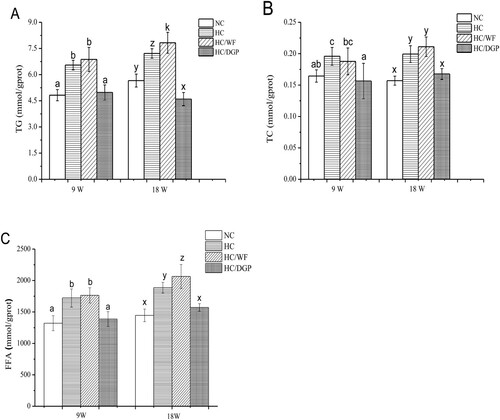 Figure 6. The epididymal fat levels of triglyceride and total cholesterol in each group (n = 10mice per group); NC, normal control; HC, hyperlipidaemia control; HC/WF, HC–wheat flour diet; HC/DGP, HC–detoxification ginkgo nut powder diet; values are mean ± S.D.; means with different letters (a–d) differ significantly in the 9th week (p < .05). Means within a row with different letters are significantly different (x, y, z, k) in the 18th week (p < .05).