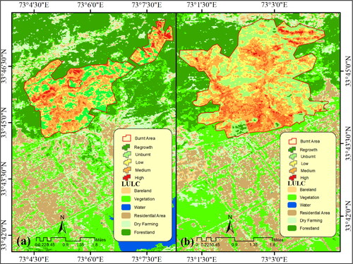 Figure 5. Sentinel-2 dNBR of fire zones (a) Pak_f_1 and (b) Pak_f_2 in Pakistan, respectively. Calculated by comparing pre-and post-fire images to show improvements in the region affected by forest fires.