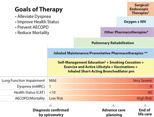 Figure 1. Integrated Comprehensive Management of COPD.Integrated comprehensive management of COPD includes confirming COPD diagnosis with postbronchodilator spirometry, evaluation and on-going monitoring of dyspnea/symptom burden and risk of exacerbations and use of both pharmacologic and nonpharmacologic interventions (see Figure 3) to alleviate dyspnea/symptoms, improve health status, prevent AECOPD and reduce mortality. The approach should not be viewed as “stepwise” and may not necessarily occur in the order they appear for all patients. Self-Management Education includes optimizing inhaler device technique and [re-]review, assessment and review of medication adherence, breathing and cough techniques, early recognition of AECOPD, written AECOPD action plan and implementation (when appropriate), promoting physical activity and/or exercise, and other healthy habits including diet and smoking cessation.**Inhaled Maintenance/Preventative Pharmacotherapies are long-acting muscarinic antagonists (LAMA) and/or long-acting ẞ2-agonists (LABA) with or without inhaled corticosteroids (ICS). ICS monotherapy should NOT be used in COPD management.*Other pharmacotherapies include oral therapies (prophylactic macrolide, and PDE-4 inhibitor, mucolytic agents for patients with chronic bronchitis), alpha-1-antitrypsin augmentation therapy for documented severe A1AT deficiency, and opioids for severe refractory dyspnea (see prior CTS Guideline).Citation13ǂSurgical therapies may include lung transplantation and lung volume reduction (including with endoscopic valves).Abbreviations. A1AT, alpha-1 antitrypsin; AECOPD, acute exacerbation of COPD; CAT, COPD assessment test; COPD, chronic obstructive pulmonary disease; CTS, Canadian Thoracic Society; mMRC, modified Medical Research Council; prn, as-needed; NIV, noninvasive ventilation.