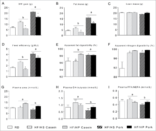 Figure 2. Effect of high fat diets with high and low protein:carbohydrate ratios on body mass gain, body composition and digestibility. Male C57BL/6J mice were fed a high fat diet with a low protein:carbohydrate ratio (HF/HS) or a high protein:carbohydrate ratio (HF/HP) using casein or pork as protein sources for 11 weeks. The mice were feed-deprived 4 h before blood collection and termination. (A), Body mass development was recorded and body weight (BW) gain calculated during the first 8 weeks of the trial. B-C, Fat mass (B) and lean mass (C) were measured after 8 weeks of feeding. D, Feed efficiency was calculated based on data collected during the first 8 weeks of feeding. E-F, Apparent fat (E) and nitrogen (F) digestibility were calculated based on feed intake and feces collection during the 7th week of feeding. G-I, Plasma levels of urea (G), hydroxybutyrate (H) and free fatty acids (FFAs) (I) were measured in plasma collected at termination. Data represent mean ± SEM (n = 9). Significant differences (p < 0 .05) between the protein sources are presented with different letters and differences between high and low protein:carbohydrate ratio with*.