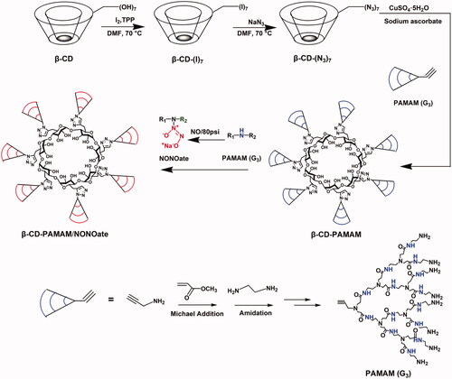 Scheme 1. Synthesis routes of β-CD-PAMAM/NONOate.