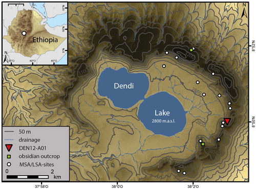 Figure 1. Location of Middle and Later Stone Age sites on the slopes of the Mount Dendi caldera enclosing the two crater lakes and the locations of the DEN12-A01 rock-shelter and a nearby obsidian outcrop. Archaeological survey was restricted to the eastern part of the mountain.