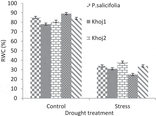 Figure 7. Interaction effect of drought stress and pear species on relative water content.