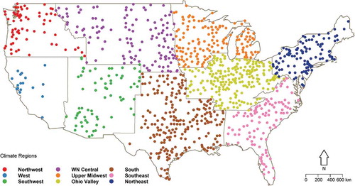 Figure 1. Location of the selected stations used in the study in the nine climate regions over the contiguous United States. Adopted from https://www.ncdc.noaa.gov/monitoring-references/maps/us-climate-regions.php. Note that WN Central stands for Western North Central (or Northern Rockies and Plains).