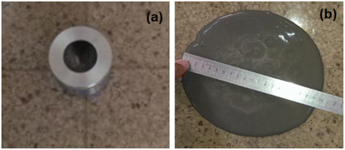 Figure 6. Mini-slump test for cement grout: (a) mini cone (b) measurement of spread diameter.