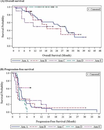 Figure 3. (a) Overall survival and (b) Progression-free survival by study arm