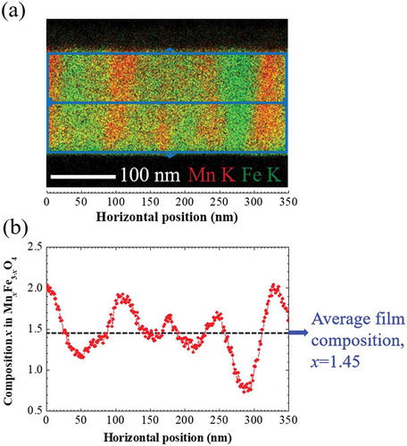 Figure 5. (a) Superimposed STEM-EDS maps of Mn K and Fe K in the 2000 G film shown in Fig. 4(b). (b) Line-profile of composition x in Mn x Fe3-x O4 of 2000 G Mn ferrite film as a function of horizontal position in EDS maps of (a). The composition at each horizontal position is obtained using both Mn K and Fe K intensities which are averaged along the vertical direction. The black dashed line indicates the average composition of 2000 G Mn ferrite film determined from XRF measurement.