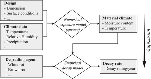 Figure 3. Workflow from indirect variables to decay rate. Note that the numerical exposure model of the present paper is limited to Norway spruce.