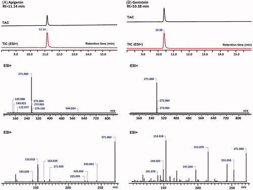 Figure 2. The total absorbance chromatograms (TAC) and total ion chromatograms (TIC) of the reference substances, apigenin (A) and genistein (B) (top) as detected with DAD and their MS (middle) and MS2 (bottom) spectra in the positive ion mode.
