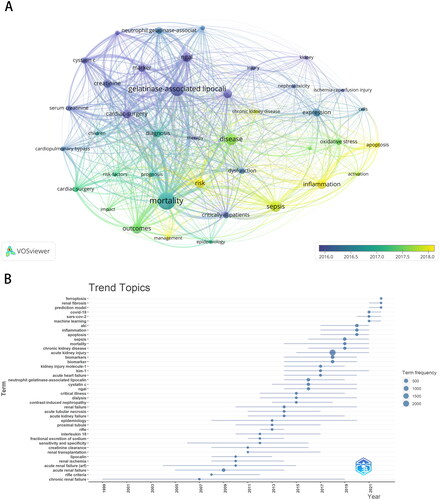 Figure 7. A: Keyword concurrence analysis using the VOSviewer. B: the trend topics map created by bibliometrix.