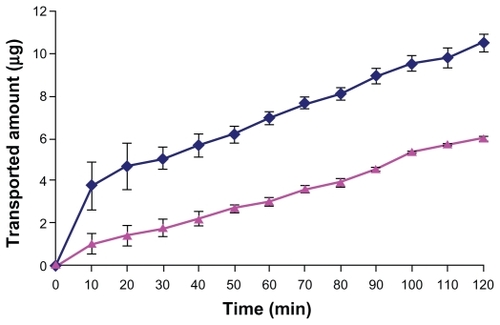 Figure 7 Profile of the amount of DTX transported in medium (pH 7.4) as a function of time: Chito.20 GSH nanoparticles (♦), DTX (▴). Experiments were carried out in triplicate (n = 3).Abbreviations: DTX, docetaxel; GSH, glutathione.