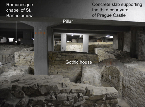 Figure 1. Illustrative example of the confined archaeological complex with the massive reinforced concrete structure supporting the third courtyard of the Prague Castle.