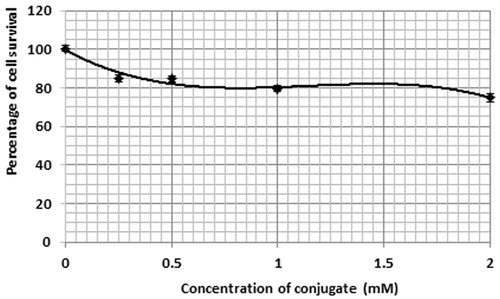Figure 4. Percentage of cell survival in the presence of various concentrations of the conjugate. Cells incubation time with conjugate: 4 h. The data are expressed as mean of three repeated experiments ± standard error of mean.