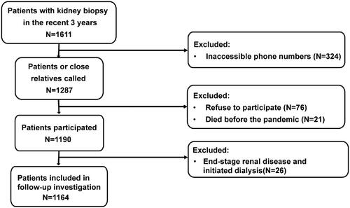 Figure 1. The flowchart of patient enrollment. We extracted demographic data, diagnoses, and contact information from 1611 patients with kidney diseases, whose kidney biopsies were performed from January 2017 to December 2019. We telephoned 1287 of them with available phone numbers from April 15 to 25. After excluding refusals and death, we reached 1190 patients in the end. We excluded 26 dialysis patients and included 1164 patients for analysis of follow-up conditions.