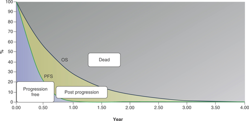 Figure 1. Partitioned survival analyses.OS: Overall survival; PFS: Progression-free survival.This figure has also been presented by the same authors in a report submitted to the National Institute for Health and Care Excellence [Citation23].