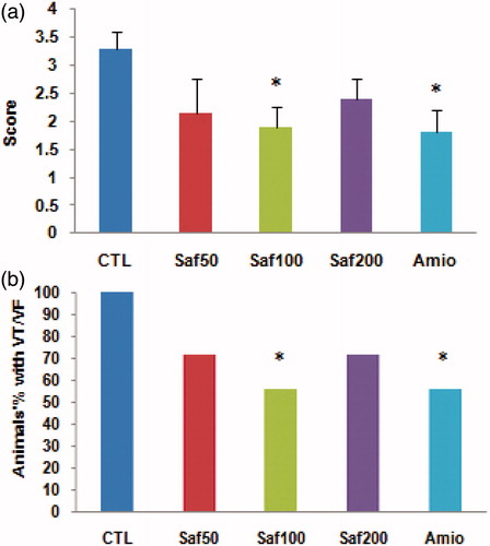 Figure 4. Score of arrhythmia severity and percent of animals that showed VT/VF in each experimental group. Data are mean ± SEM. (n = 7–9 for each group). Saffron (100 mg/kg) and amiodarone significantly decreased the score of arrhythmia severity (a) and percent of animals with VT/VF (b) versus CTL group. Scores were defined as: 0, <10 VPCs; 1, ≥10 VPCs; 2, 1–5 episodes of VT; 3, >5 episodes of VT or 1 episode of VF; 4, 2–5 episodes of VF; 5, >5 episodes of VF. *p < 0.05, compared with CTL group. CTL: control group, Saf: saffron, Amio: amiodarone.
