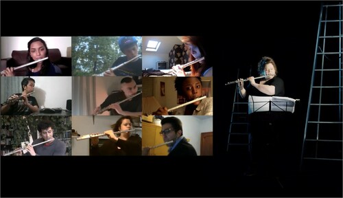 Figure 1. Screenshot of the YouTube video with Liz Hirst’s version of Public Privacy #1 Flute Cover (4’48”). On the left the video for this performance, on the right the live performance of the flutist. Hirst also appears on the lowest centered video box, and Daniel Adi on the low-left corner.