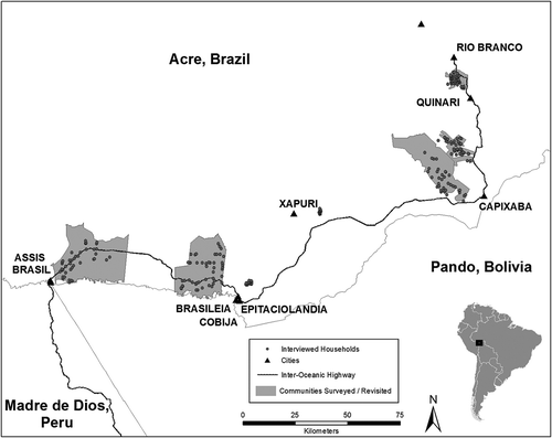 Figure 1. Map of households and communities visited in lands with distinct tenure rules along the Inter-Oceanic Highway in Eastern Acre, Brazil, 2008–2009.