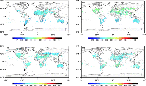 Figure 1. Monthly distributions of GEOS-Chem simulated data () at GOSAT satellite geographic coordinates over January, April, July, and October 2010.