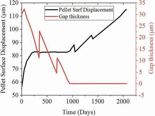 Figure 8. Simulation results of radial pellet surface displacement and gap thickness for FRACAS-CT.