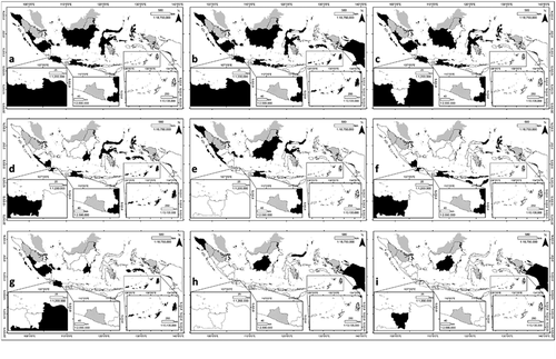 Figure 3. Location map of the provinces showing the nine clusters: (a) prohibited activity, (b) tourism, (c) research and education, (d) reforestation, (e) fish nursery, (f) disaster prevention, (g) aquaculture, (h) regulating services, and (i) carbon storage. Provinces with black shade state the cluster, while unshaded provinces did not state the cluster. Areas that are filled with crisscross patterns are the provinces that were not analyzed due to unavailability of the spatial plans, while the gray sections indicate Malaysia boundaries.