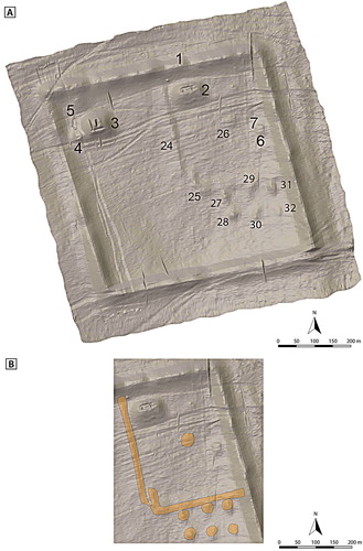 Figure 8. A) KHB-2 Digital Elevation Model showing: 1) the enclosure wall; 2) the East mound; 3) the West mound; 4) the Small west mound; 5) the Northwest platform; 6–7) Northeast structures; 24–25) the low wall; 26) the Central low mound; and 27–32) Southern low mounds. B) A subset of the northeastern corner of the KHB-3 DEM highlighting the low features.