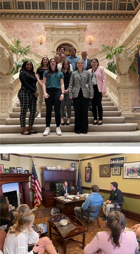 Figure 2. Top: Photo of students in the Ryan Office Building of the Pennsylvania State Capital Complex in Harrisburg. Bottom: Photo of students meeting with City of Chester State Senator John Kane.