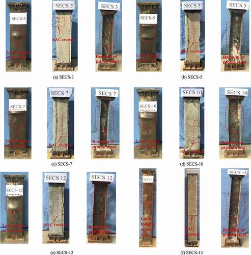 Figure 3. Failure characteristics on the typical specimens of the eccentrically loaded columns.