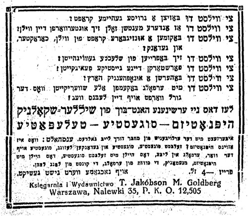 Figure 8. Advertisement for Szyller-Szkolnik, Hipnotizm, sugestye, telepatye [Hypnotism, Suggestion, Telepathy]. Der moment, 9 August 1929, 12. Courtesy of the National Library of Israel.