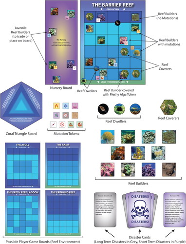 Figure 1. Schematic of the “Reef Survivor” board game and associated material, i.e., game boards (environment player boards, nursery, and coral triangle), organism tokens (reef builders, dwellers, and coverers), mutation tokens, and disaster cards. Note: game pieces, boards, and cards not shown to scale.