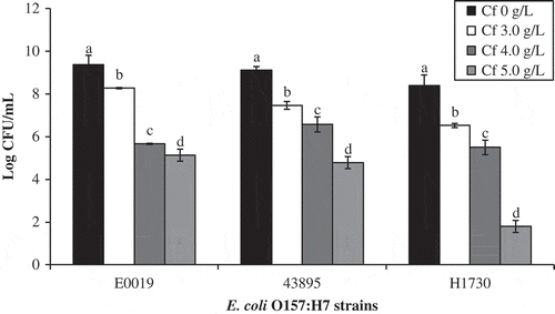 Figure 2. Population of E. coli O157:H7 in TSBYE in the presence of caffeine after incubation at 37°C for 48 h. Means (± standard error) with different letters within the groups are significantly different (P < 0.05).Figura 2. Población de E. coli O157:H7 en TSBYE en presencia de cafeína tras ser incubada a 37°C durante 48 horas. Medias (± error estándar) con distintas letras dentro del grupo son significativamente diferentes (P < 0.05).