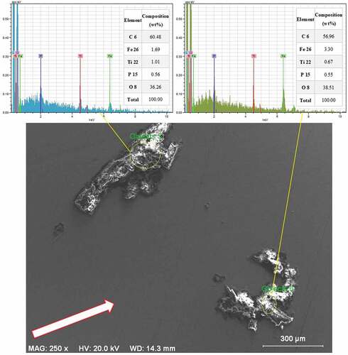 Figure 10. The SEM image and EDX results of the regions with rare and poorly adhered residues on the disc surface.