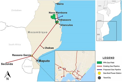 Figure 1. Current gas infrastructure network in Mozambique (Source: Authors).
